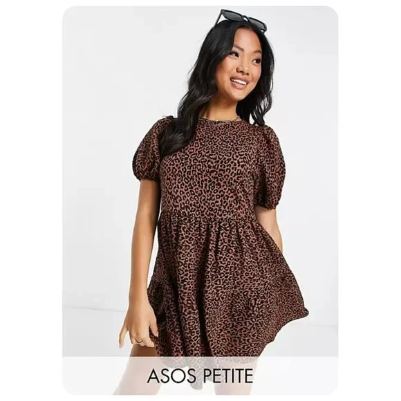 ASOS Design Petite Mini Tiered Smock Dress in Black Brown Leopard Print … - Picture 2 of 5